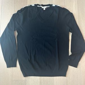 BURBERRY Men’s Vneck Merino Wool Sweater- Black with Signature Check- Size L